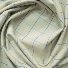Morarjee Men's Super 60's Egyptian Cotton  Checks 2.25 Meter Unstitched Shirting Fabric (Beige & Blue)