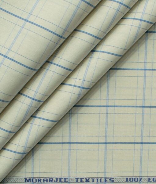 Morarjee Men's Super 60's Egyptian Cotton  Checks 2.25 Meter Unstitched Shirting Fabric (Beige & Blue)