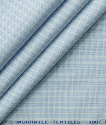 Morarjee Men's Super 60's Egyptian Cotton  Checks 2.25 Meter Unstitched Shirting Fabric (White & Blue)
