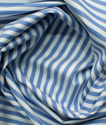 Morarjee Men's Super 60's Egyptian Cotton  Striped 2.25 Meter Unstitched Shirting Fabric (White & Blue)