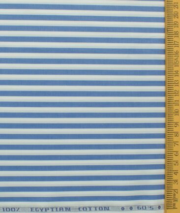 Morarjee Men's Super 60's Egyptian Cotton  Striped 2.25 Meter Unstitched Shirting Fabric (White & Blue)