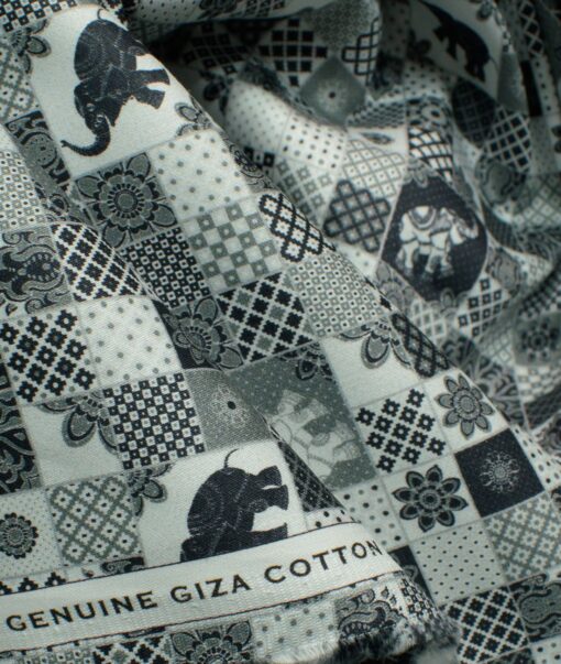 Nemesis Men's Giza Cotton Printed 2.25 Meter Unstitched Shirting Fabric (White & Grey)