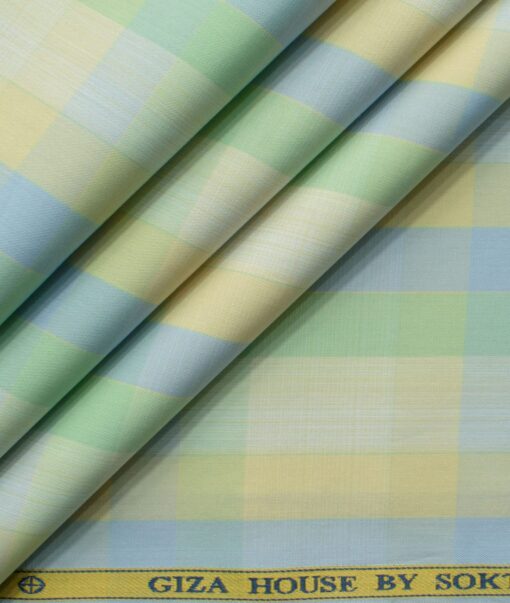 Soktas Men's Cotton Checks 2.25 Meter Unstitched Shirting Fabric (Yellow & Green)