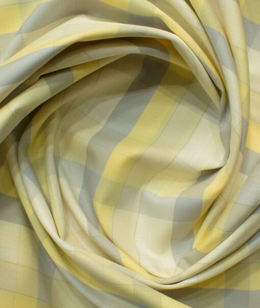 Soktas Men's Cotton Checks 2.25 Meter Unstitched Shirting Fabric (Yellow & Grey)