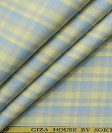 Soktas Men's Cotton Checks 2.25 Meter Unstitched Shirting Fabric (Yellow & Purplish Grey)