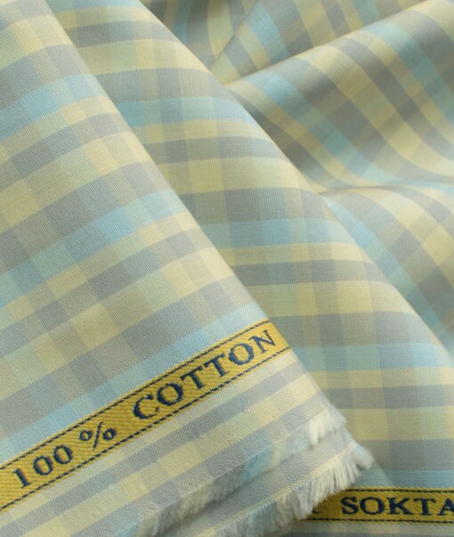 Soktas Men's Cotton Checks 2.25 Meter Unstitched Shirting Fabric (Yellow Grey)