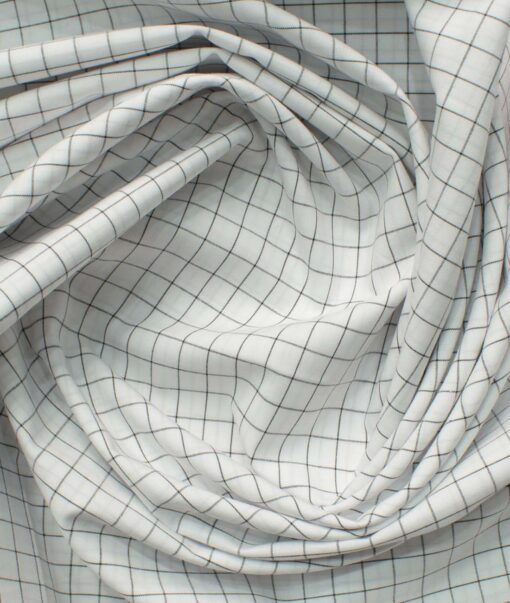Cadini Men's Pure Cotton Checks 2.25 Meter Unstitched Shirting Fabric (White & Black)