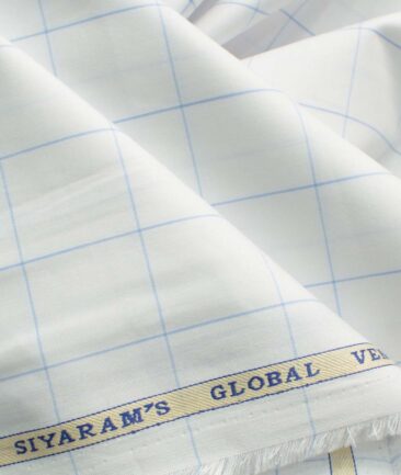 Cadini Men's Pure Cotton Checks 2.25 Meter Unstitched Shirting Fabric (White & Sky Blue)