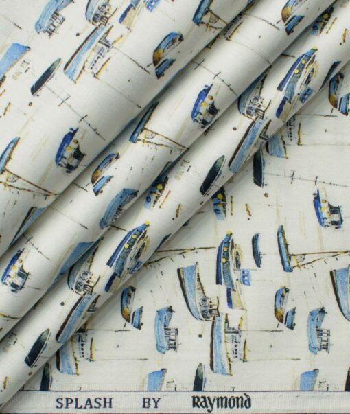 Raymond Men's Pure Cotton Printed 2.25 Meter Unstitched Shirting Fabric (White & Blue)
