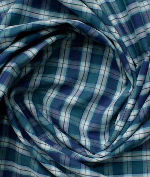 Raymond Men's Premium Cotton Checks 2.25 Meter Unstitched Shirting Fabric (Green & Blue)
