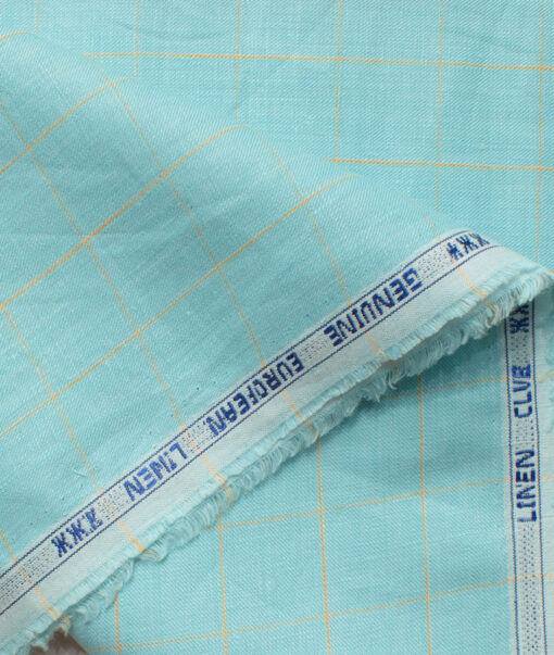 Linen Club Men's 100% Linen 60 LEA Checks 3.75 Meter Unstitched Suiting Fabric (Teal Blue)