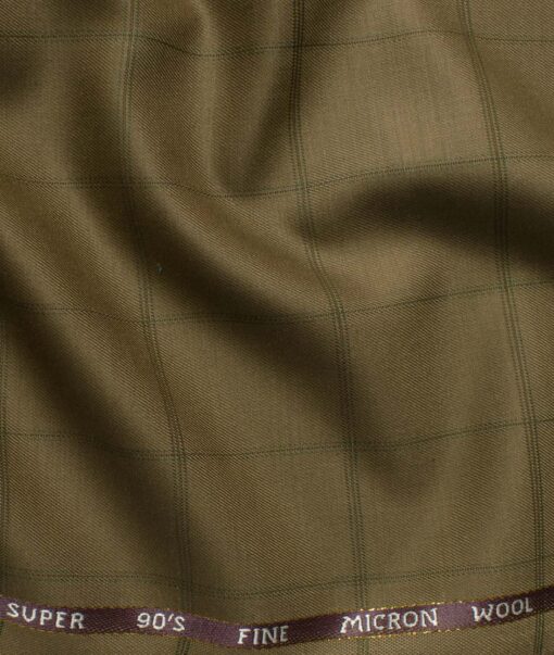 J.Hampstead Men's 20% Wool Super 90's Checks 3.75 Meter Unstitched Suiting Fabric (Khakhi Brown base with Green Checks)