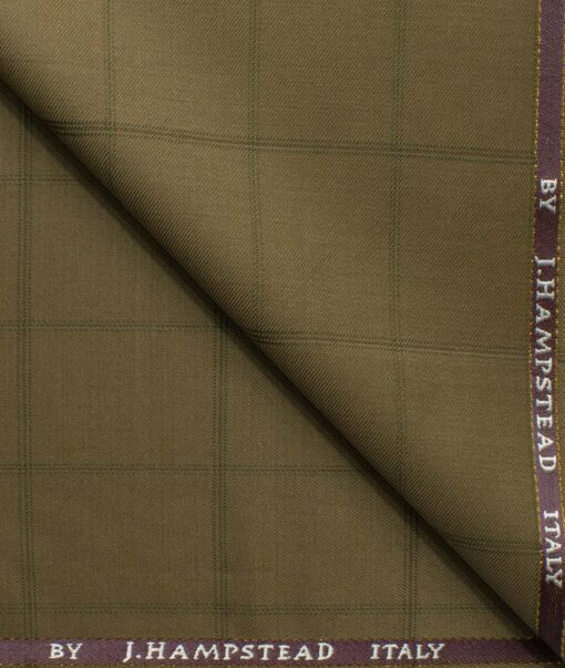 J.Hampstead Men's 20% Wool Super 90's Checks 3.75 Meter Unstitched Suiting Fabric (Khakhi Brown base with Green Checks)