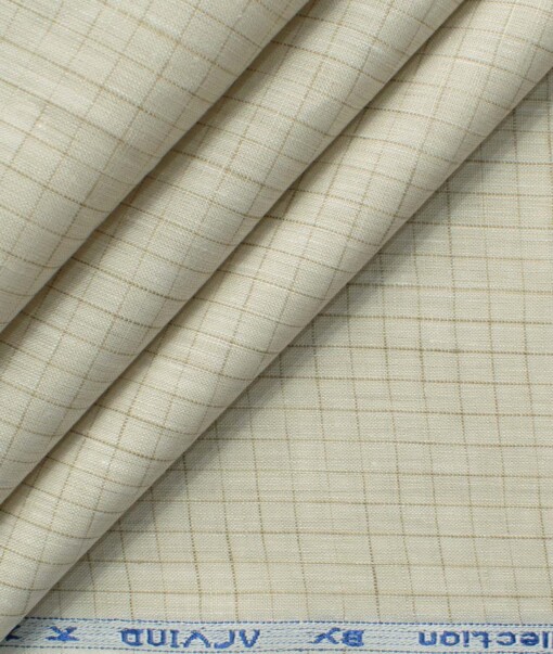 Arvind Men's Pure Irish Linen 80 LEA Checks 2.25 Meter Unstitched Shirting Fabric (Beige)