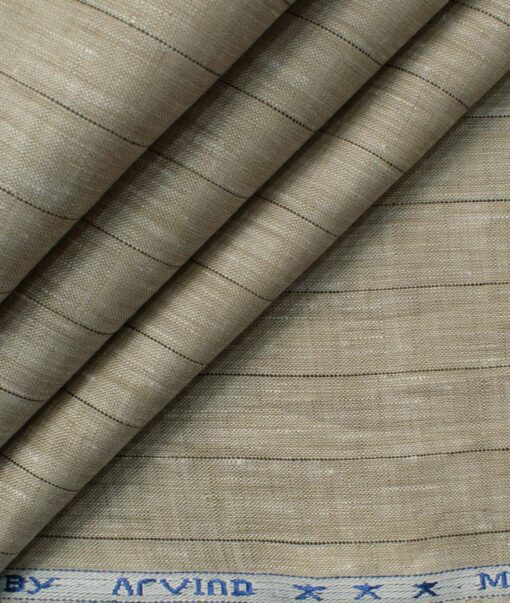 Arvind Men's Pure Irish Linen 80 LEA Striped 2.25 Meter Unstitched Shirting Fabric (Light Brown)