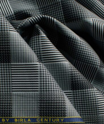 Birla Century Men's Giza Cotton Checks 2.25 Meter Unstitched Shirting Fabric (Grey & Black)