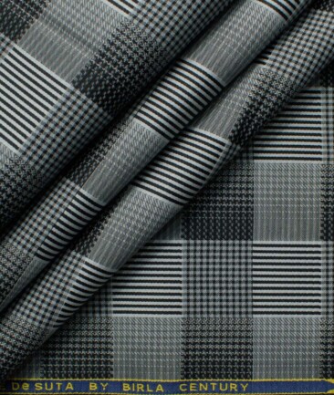Birla Century Men's Giza Cotton Checks 2.25 Meter Unstitched Shirting Fabric (Grey & Black)