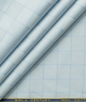 Birla Century Men's Pure Cotton Checks 2.25 Meter Unstitched Shirting Fabric (Sky Blue)