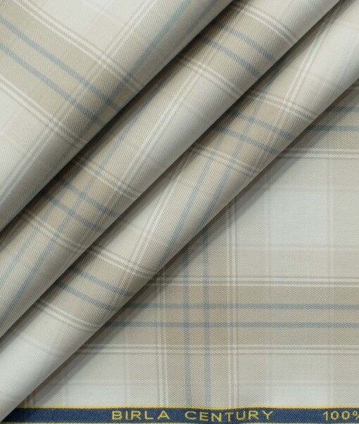 Birla Century Men's Giza Cotton Checks 2.25 Meter Unstitched Shirting Fabric (White & Light Brown)