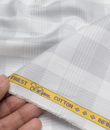 Luthai Men's Supima Cotton Checks  Unstitched Shirting Fabric (White & Grey) - Image 2