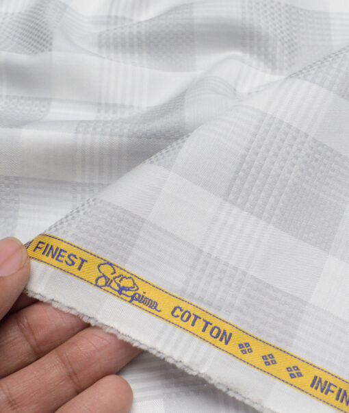 Luthai Men's Supima Cotton Checks  Unstitched Shirting Fabric (White & Grey) - Image 2