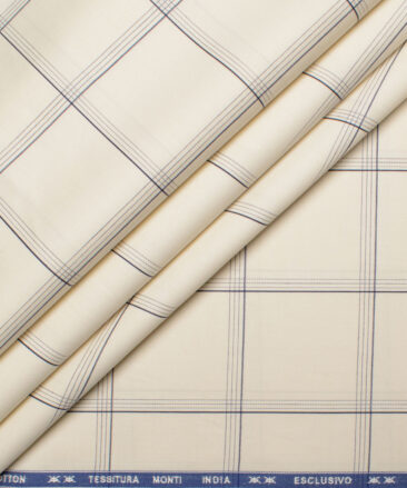 Tessitura Monti Men's Giza Cotton Checks  Unstitched Shirting Fabric (Cream & Blue) - 1.60 Meter