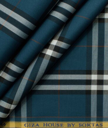 Soktas Men's Giza Cotton Checks 2.25 Meter Unstitched Shirting Fabric (Nile Blue)