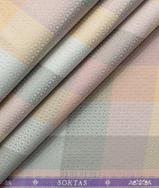Soktas Men's Giza Cotton Checks 2.25 Meter Unstitched Shirting Fabric (Orange & Pink)