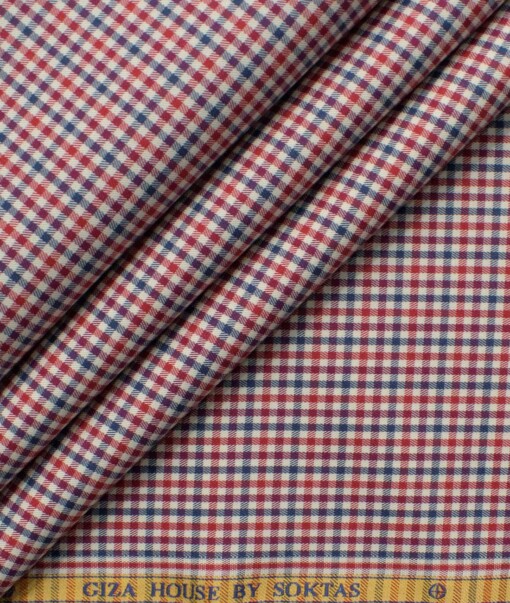 Soktas Men's Giza Cotton Checks 2.25 Meter Unstitched Shirting Fabric (Red & Blue)