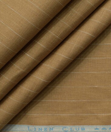 Linen Club Men's Pure Linen 66 LEA Striped 2.25 Meter Unstitched Shirting Fabric (Camel Brown)