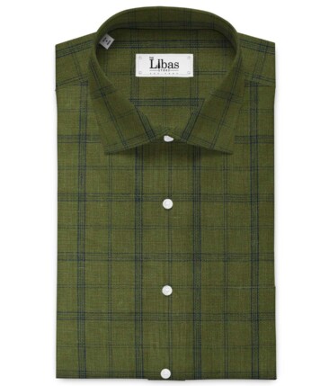 Linen Club Men's Pure Linen 66 LEA Checks 2.25 Meter Unstitched Shirting Fabric (Moss Green)