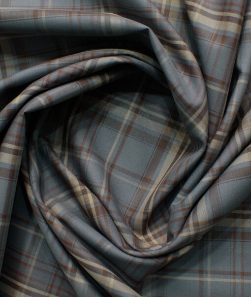 Soktas Men's Egyptian Cotton Checks 2.25 Meter Unstitched Shirting Fabric (Grey & Brown)