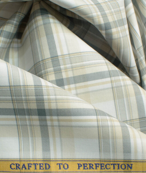 Soktas Men's Egyptian Cotton Checks 2.25 Meter Unstitched Shirting Fabric (White & Beige)