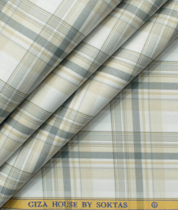 Soktas Men's Egyptian Cotton Checks 2.25 Meter Unstitched Shirting Fabric (White & Beige)
