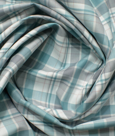 Soktas Men's Egyptian Cotton Checks 2.25 Meter Unstitched Shirting Fabric (White & Teal Green)