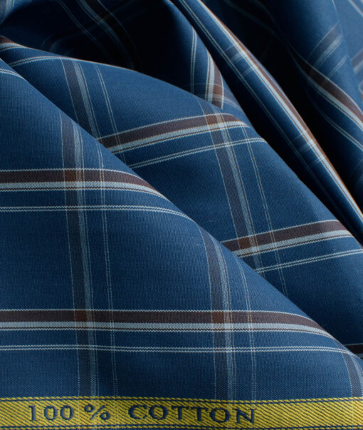 Soktas Men's 100% Cotton Checks 2.25 Meter Unstitched Shirting Fabric (Blue)