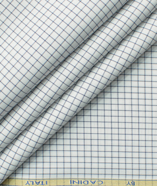 Cadini Men's Bamboo Wrinkle Resistant Checks 2.25 Meter Unstitched Shirting Fabric (White & Dark Blue)