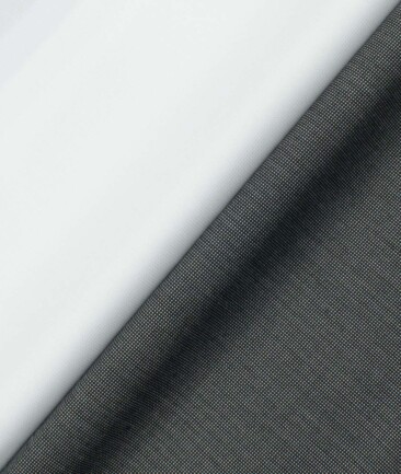 Combo of Unstitched Mafatlal White Poly Cotton Shirt Fabric and J.Hampstead Black & Grey Polyester Viscose Trouser Fabric