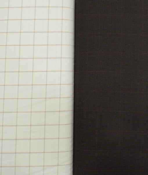 Combo of Unstitched Mafatlal Cream Poly Cotton Shirt Fabric and Raymond Dark Brown Polyester Viscose Trouser Fabric