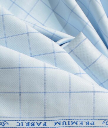 Mafatlal Men's Poly Cotton Checks 2.25 Meter Unstitched Shirting Fabric (Sky Blue)