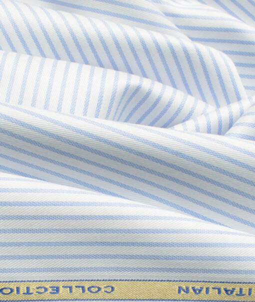 Siyaram's Men's Bamboo Wrinkle Resistant Striped 2.25 Meter Unstitched Shirting Fabric (White & Blue)