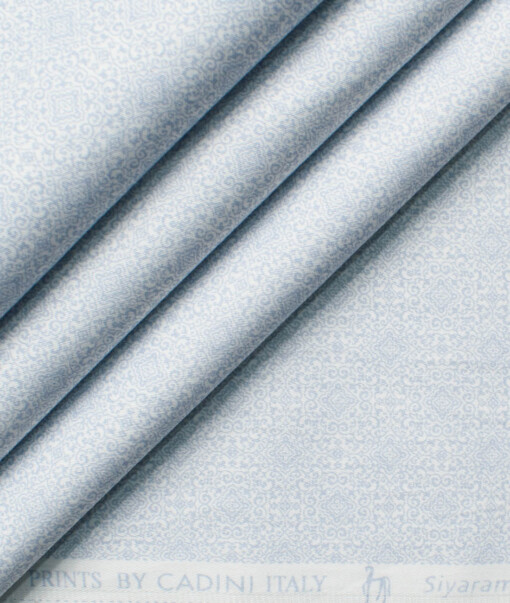 Cadini Men's Premium Cotton Printed  Unstitched Shirting Fabric (White & Sky Blue)