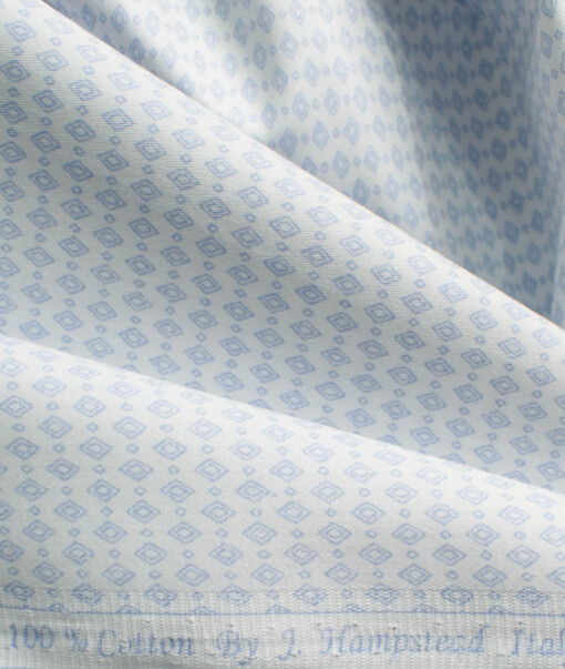 J.Hampstead Men's Premium Cotton Printed  Unstitched Shirting Fabric (White & Blue)