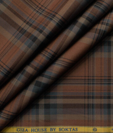 Soktas Men's Giza Cotton Checks  Unstitched Shirting Fabric (Copper Brown)