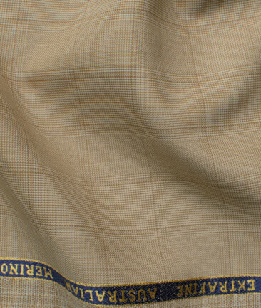 Cavalero Men's 52% Wool  Super 120's Checks  Unstitched Suiting Fabric (Beige)