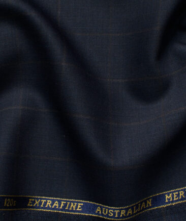 Cavalero Men's 52% Wool  Super 120's Checks  Unstitched Suiting Fabric (Dark Blue)