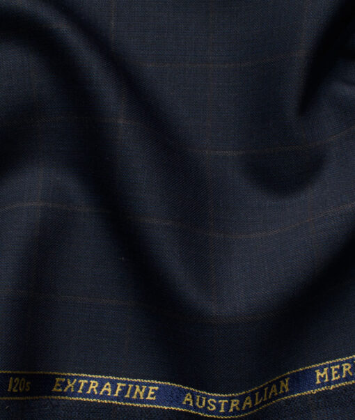 Cavalero Men's 52% Wool  Super 120's Checks  Unstitched Suiting Fabric (Dark Blue)
