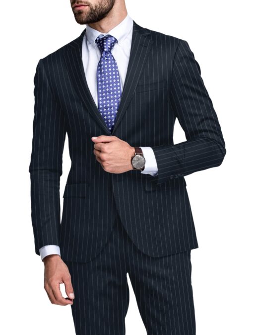 Cavalero Men's 60% Wool Super 120's Striped  Unstitched Suiting Fabric (Dark Blue)