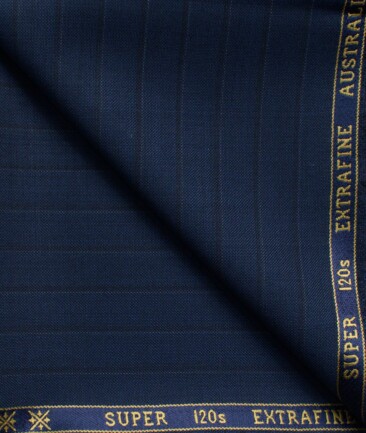Cavalero Men's 60% Wool Super 120's Striped  Unstitched Trouser Fabric (Dark Royal Blue)