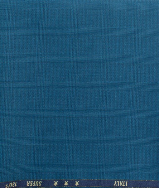 J.Hampstead Men's 60% Wool Super 130's Checks  Unstitched Trouser Fabric (Firozi Blue)
